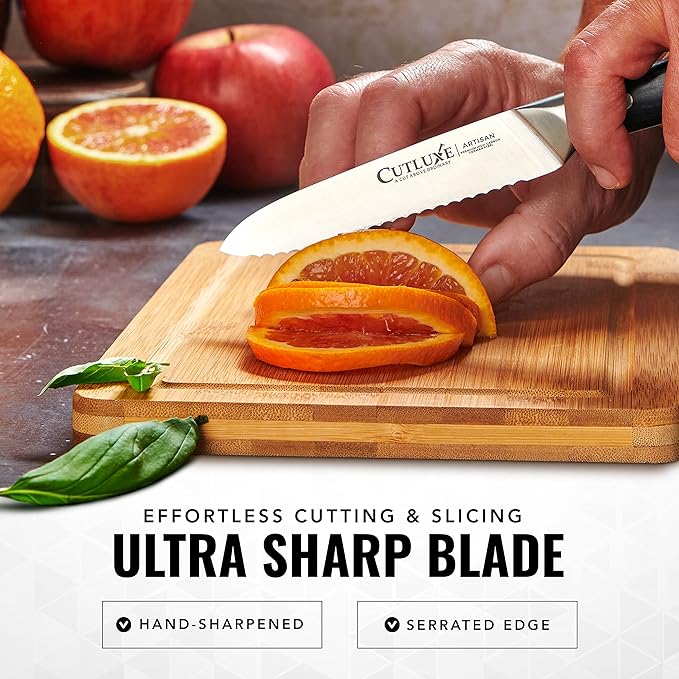 Cutluxe Kitchen Utility Knife ??5" Serrated Ultra Sharp Blade, Ergonomic Handle, Full Tang ??Forged High Carbon German Steel ??Artisan Series