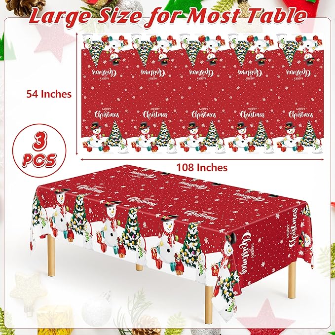 QZYL 3 Pack Christmas Tablecloths, 54" x 108" Snowman Christmas Decorations, Rectangle Holiday Plastic Tablecloth Xmas Disposable Table Cover, Xmas Table Decor Holiday Party Supplies