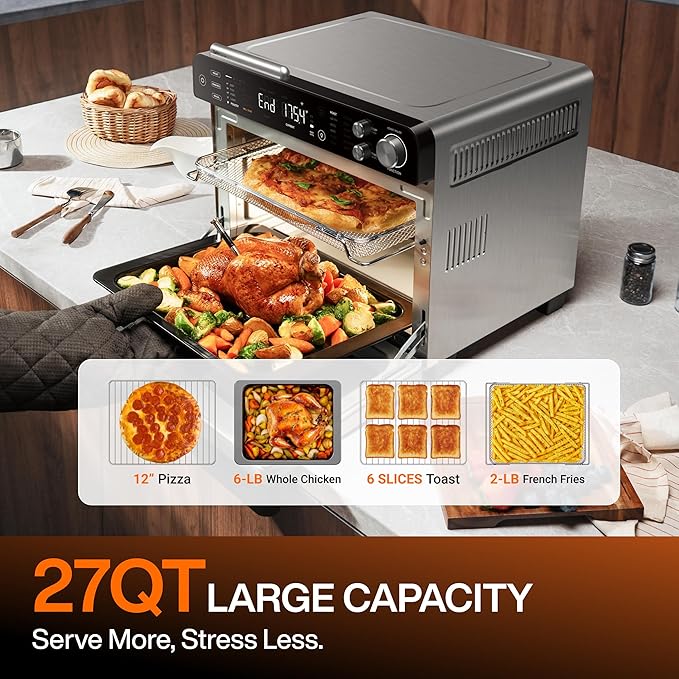 Typhur Sync Oven with Smart Wireless Meat Thermometer Probe, 12?멼n?? Countertop Air Fryer Toaster Oven Combo, 360째 Turbo Convection, Dehydrator, Recipes & 5 Accessories, Large 27QT, Stainless Steel