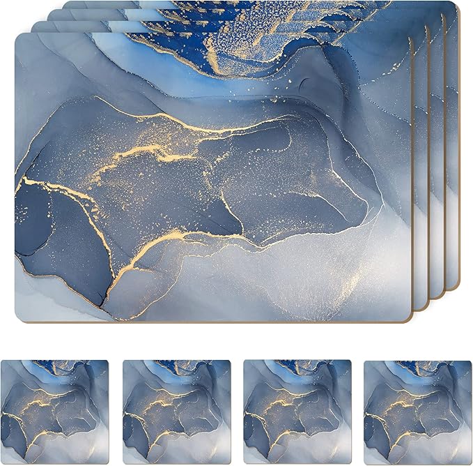 Moderry Set of 4 Heat Resistant Cork Placemats for Dining Table with Free Set of 4 Matching Drink Coasters Marble Design 16 x 12 Inches Cork Backed Hard Placemats (Blue & Gold)