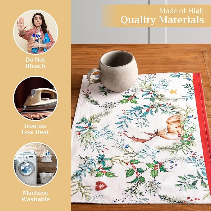 Maison d' Hermine Placemats Set of 4 100% Cotton Washable Cloth Place Mats, Reusable Table Mats for Thanksgiving Christmas Decorations Kitchen Dining Party Wedding Restaurant (Holly Time, 13" x 19")