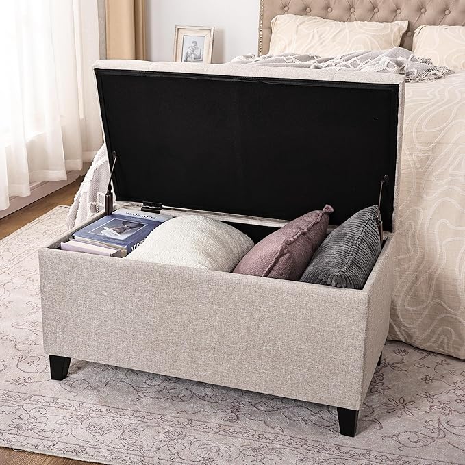 Asense Rectangular Lift Top Storage Ottoman Bench Footrest, Large Space (Linen-Beige)
