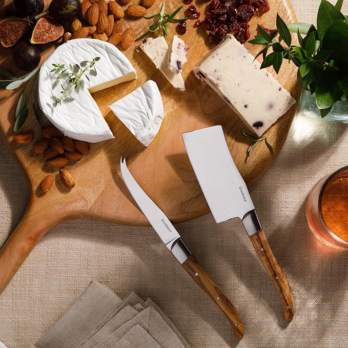 Bloomhouse 2-Piece German Steel Cheese Knife Set with Olive Wood Handles ??Artisan Soft & Hard Cheese Knives for Charcuterie, Grazing Boards & Entertaining
