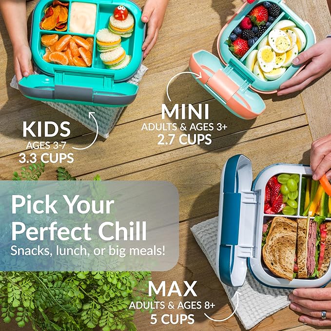 Bentgo Chill Mini Leak-Proof Lunch Box ??Built-In Ice Pack Keeps Food Cold, 2.7-Cup Capacity for Snacks or a Sandwich, 3 or 4 Compartments, PFAS & BPA-Free, Ideal for Adults & Kids 3+ (Crisp Grays)