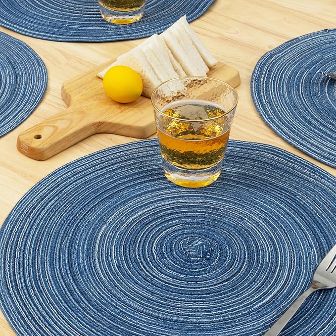 Winknowl Round Braided Placemats Set of 6 Washable Woven Heat Resistant Table Mats for Kitchen Dining Tables 15 inch Round Place Mats (Seascape Blue,6)