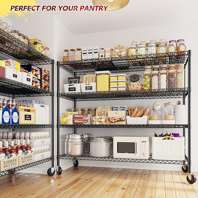 REIBII 75.6" H Storage Shelves Metal Shelving Unit with Wheels 55''W Garage Shelving Heavy Duty Wire Shelves for Storage Rack Adjustable Pantry Shelf Commercial Shelving,75.6" H X 55.5''W X 24" D