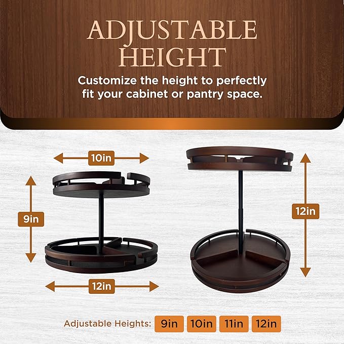 2 Tier Lazy Susan Organizer ??12" Bamboo Rotating Spice Rack Organizers with Adjustable Height Turntable for Cabinet, Pantry, Medicine Cabinet, Kitchen, Spinning Bathroom Counter Top Organizers
