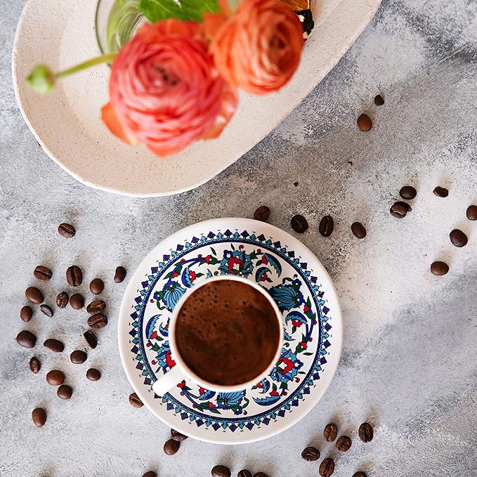 Turkish Coffee Cup Set of 6 with Saucers & Holder ??Ceramic, Dishwasher-Safe, Keeps Warm ??Patterned Turkish Espresso Cups Set for Home & Office (Set Of 6)