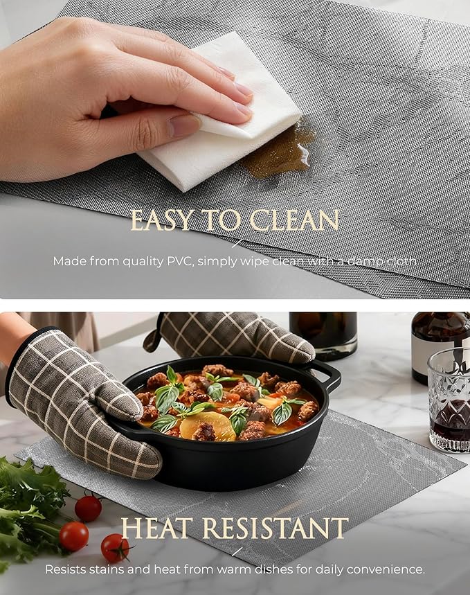 Leetaltree Reversible Marble Placemats Set of 4 ??Ships Flat and Stays Flat, Durable Washable Vinyl PVC Placemats, Heat Resistant, Easy Wipe Clean (Gray Marble Pattern)