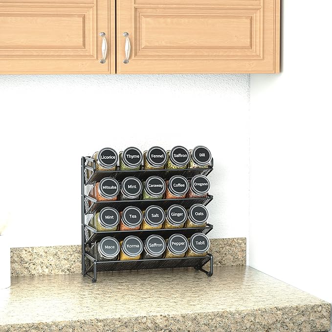 SpaceAid Spice Rack Organizer with 20 Spice Jars, 386 Spice Labels, Chalk Marker and Funnel Set for Cabinet, Countertop, Pantry, Cupboard or Door & Wall Mount - 20 Jars, 9.8" W 횞 10.8?쏦, Black