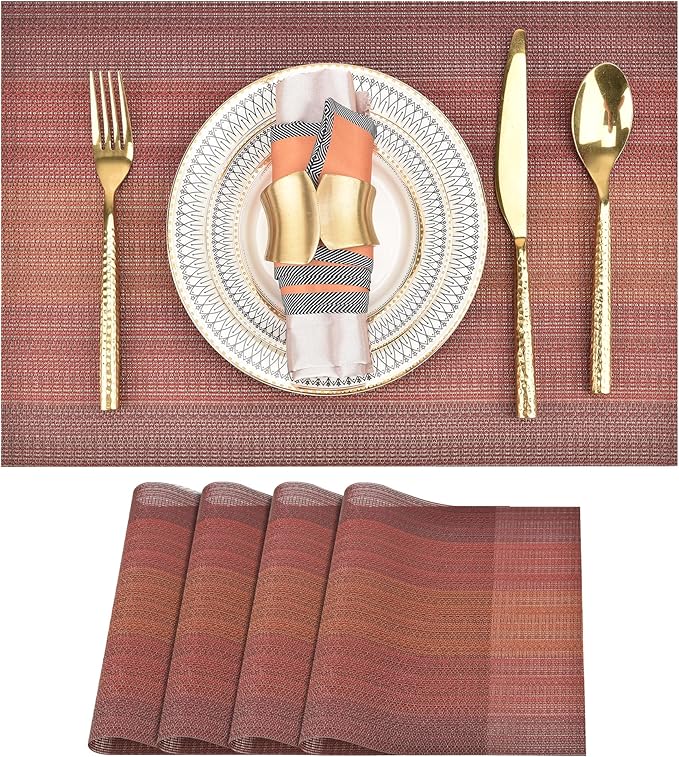 SLKQG Red Placemats Set of 4 - Easy Clean Washable Vinyl Placemats - Wipeable Heat Resistant Table Mats for Dining Table - 17.7x11.8 Inch (4, Red Gradient)