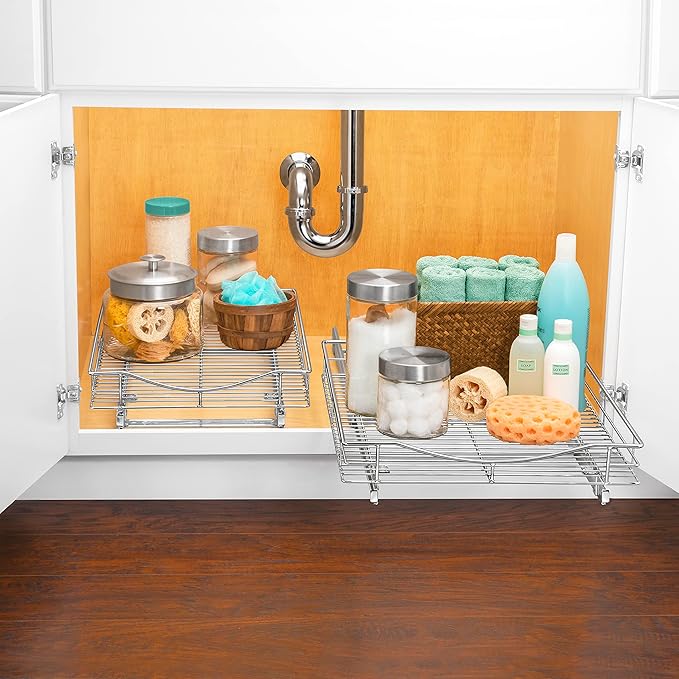 LYNK PROFESSIONAL짰 Pull Out Cabinet Organizer, 14" x 18" Slide Out Drawers for Kitchen Cabinets - Sliding Pull-Out Pantry Shelves ??Home Shelf Organizers - Lifetime Ltd. Warranty, Chrome