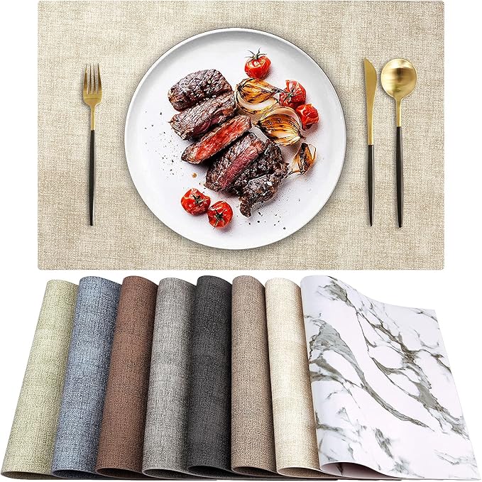 LANDVIEW Leather Heat Resistant Placemats Set of 6 Waterproof Wipeable Washable PU Table Mats,Easy to Clean Anti-Slip Place Mats (Beige, 6)