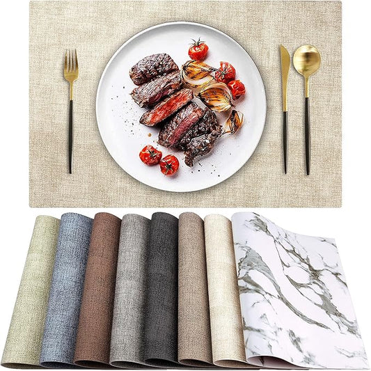 LANDVIEW Leather Heat Resistant Placemats Set of 6 Waterproof Wipeable Washable PU Table Mats,Easy to Clean Anti-Slip Place Mats (Beige, 6)