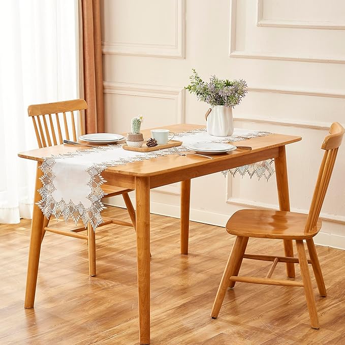 Raedan Natural Linen Table Runner 120 inches Neutral Earth Tones Beige Lace Handcrafted Coffee Table Runners Dresser Scarf for Spring Easter Summer Kitchen Wedding Party (16?쓝120?? White)