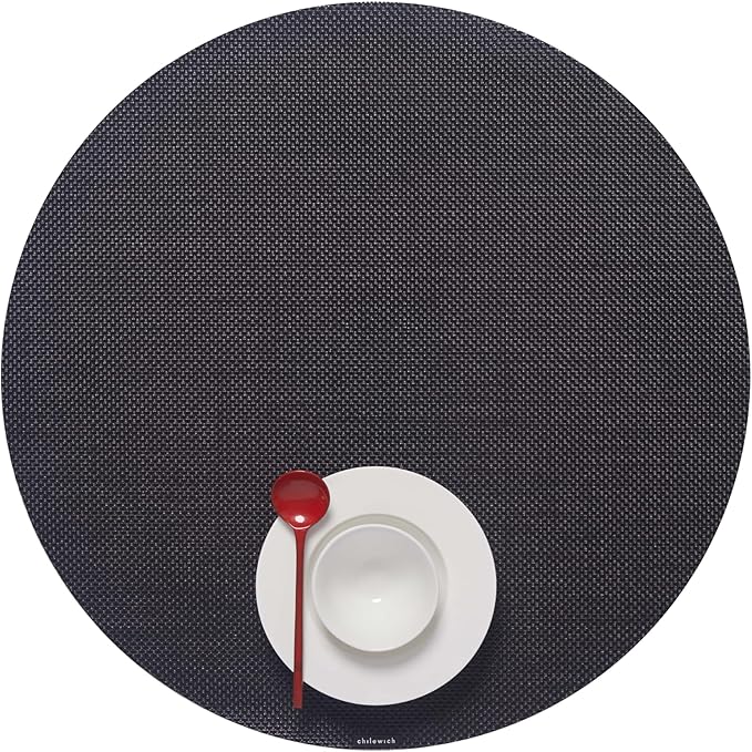 Chilewich Mini Basketweave Placemats in Black - Set of 4 - Easy Care Woven Tabletop Textiles - Indoor/Outdoor - 15" Round