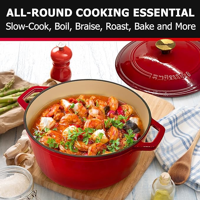 Mueller 6qt Enameled Cast Iron Dutch Oven, Heavy-Duty Casserole and Braiser Pan with Lid and Knob, Oven-Safe up to 500째 F & Across All Cooktops, Red