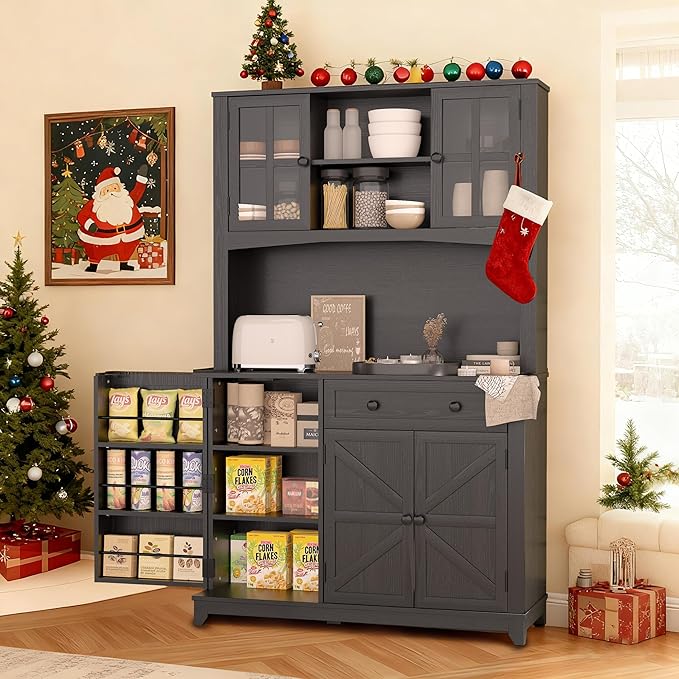 68" Pantry Cabinet with Charging Station, Kitchen Pantry Storage Cabinet with Microwave Stand, Kitchen Hutch Cabinet with Storage Drawers, Food Pantry Cabinets with Countertop for Dining Room(Black)