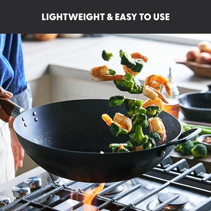 GreenPan Carbon Steel Wok 12?? Flat Bottom, Durable Stir-Fry Pan, Pre-Seasoned Nonstick Patina, High Heat Retention, Induction, Ash Wood Handle, Kyoto, Black