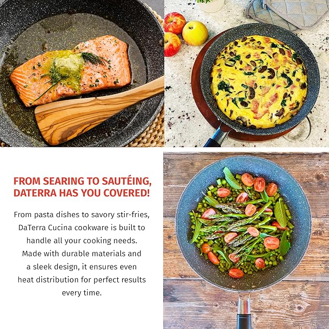 DaTerra Cucina Nonstick 4-Skillet Bundle ??9.5" and 13" Fry Pans, 11" Fry Pan and 13" Wok with Lid, Oven Safe, Ceramic Nonstick Cookware, PTFE & PFOA Free, Made in Italy ??Volcanic Black Speckled
