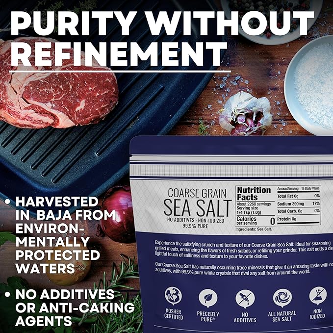 Coarse Sea Salt for Grinder Refill, Coarse Grain Kosher Salt, Non-Iodized Coarse Salt for Cooking, Mineral-Rich Unrefined Baja Salt, 5 lb Bag, Sea Salt Superstore