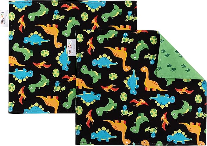 Funkins Reusable Cloth Placemats for Kids & Lunch Boxes | Reusable, Eco-Friendly | 15"x13", 2-ply, Thick, Absorbent, Machine Washable | Set of 2 Placemats (Black Dinosaurs)