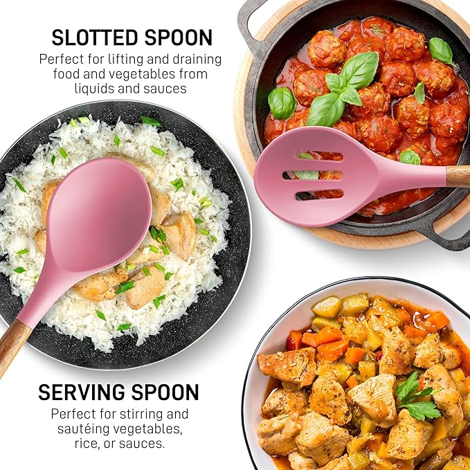 Zulay Kitchen Non-Stick Cooking Utensils Set with Authentic Acacia Wood Handles ??5-Piece Durable & Stylish Silicone Kitchen Utensils Set ??Heat Resistant to 464째F ??Pink