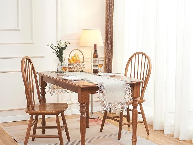 Raedan Natural Linen Table Runner 54 inches Neutral Earth Tones Beige Lace Handcrafted Coffee Table Runners Dresser Scarf for Spring Easter Summer Kitchen Wedding Party (Natural, 16?쓝54??
