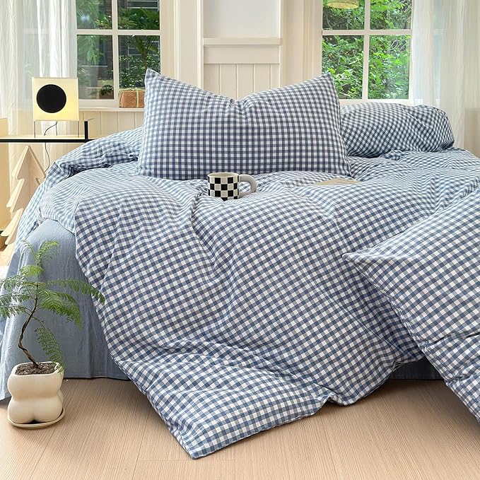 Blue Gingham Comforter Set Queen Modern Plaid Checkered Pattern Comforter 3 Pieces Blue Grid Comforter with 2 Pillowcases Soft Fluffy Gingham Bedding Set Farmhouse Plaid Comforter Set for All Seasons