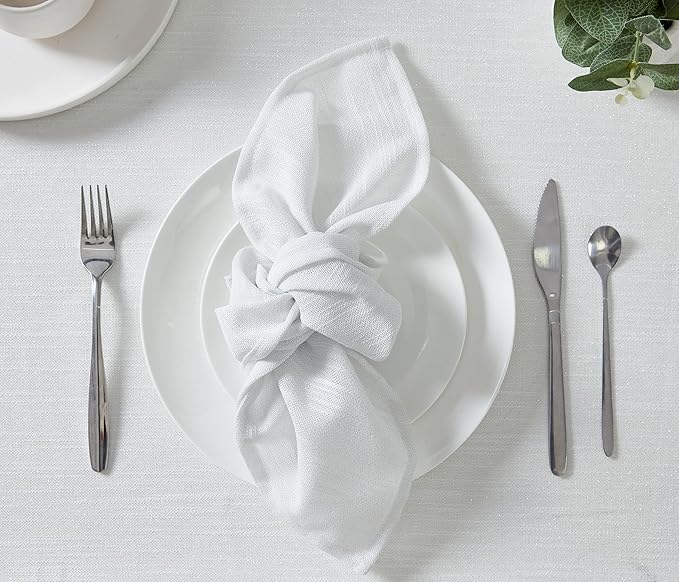Laura Ashley Arabesque Luxurious Shimmery Fabric Tablecloth Napkins for Formal Dining, Holiday, Wedding or Party, Set of 6 Napkins, White