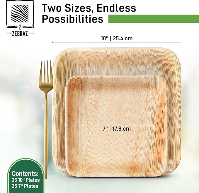 Premium Palm Leaf Disposable Plates ??50pc Square Set: 25pc 10??and 25pc 7?? Heavy-Duty, Microwave Safe, Natural Alternative to Plastic, Ideal for Parties, Weddings, Events, and Everyday Use