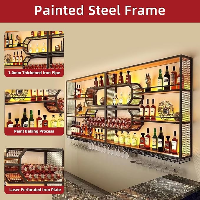 4-Tier Wine Rack Wall-Mounted & 59Inch Large Bar Shelf for Liquor Bottles, Black Metal Storage for Wine and Liquor Bottles in Home Bars or Dining Rooms (No Lighting, Right)