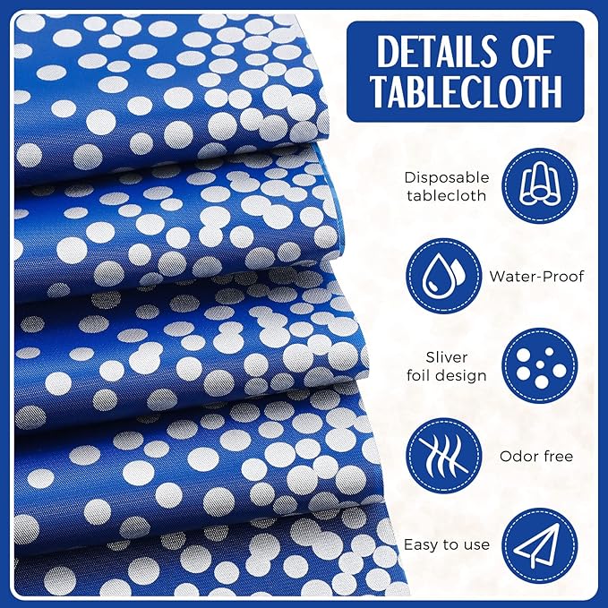 Tudomro 16 Pieces Silver and Dark Blue Disposable Plastic Tablecloths and Satin Table Runner Set 54x108 Inch Tablecloth 12x108 Inch Table Runners for New Year Wedding Birthday Baby Shower Graduation