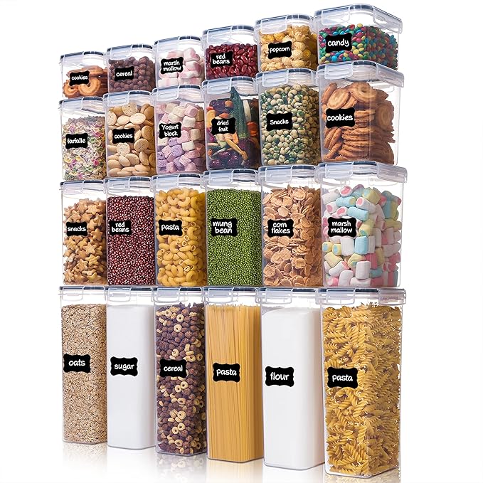 Airtight Food Storage Containers with Lids, Vtopmart 24 pcs Plastic Kitchen and Pantry Organization Canisters for Cereal, Dry Food, Flour and Sugar, BPA Free, Includes 24 Labels竊똁lack