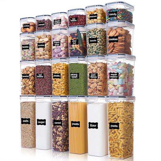 Airtight Food Storage Containers with Lids, Vtopmart 24 pcs Plastic Kitchen and Pantry Organization Canisters for Cereal, Dry Food, Flour and Sugar, BPA Free, Includes 24 Labels竊똁lack