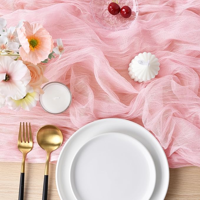 Joanlody Blushing Pink Cheesecloth Table Runner Spring Easter 10Ft Rustic Gauze Boho Cheese Cloth Table Runner for Wedding Bridal Baby Shower Decoration 4 Pack