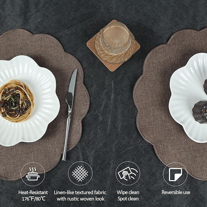 AHHFSMEI Round Faux Linen Placemats Set of 8 Waterproof Table Mats Heat Resistant Non-Slip and Stain Proof for Kitchen Dining Elegant Decor (Brown,8)