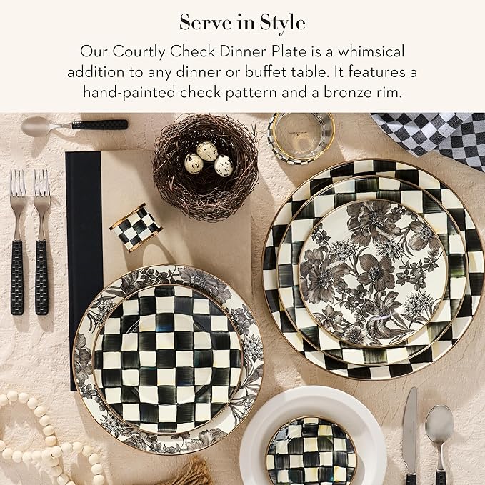 MACKENZIE-CHILDS Enamel Dinner Plate, Decorative Dinnerware Plate, 10 Inches, Set of 1, Black-and-White Courtly Check