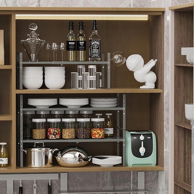 Expandable Stackable Spice Rack Cabinet Shelf Organizer in Cabinets Shelves Kitchen Cupboard Organization Stack up Racks Pantry Countertop Storage (Gun-Gray, Medium 1 Pack G)