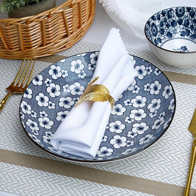 Cherry blossoms Ceramic Dinnerware Set for 2, 10-Piece Stoneware Plates and Bowls Microwave Safe, Elegant Blue Gift Box