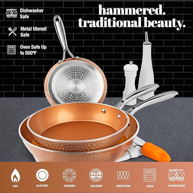 Gotham Steel Hammered Frying Pan Set, 3 Piece Nonstick Copper Fry Pans, 8?? 10??& 12??Skillet, Omelet Pan, Cookware, PFOA Free, Dishwasher Safe, Cool Touch Handle