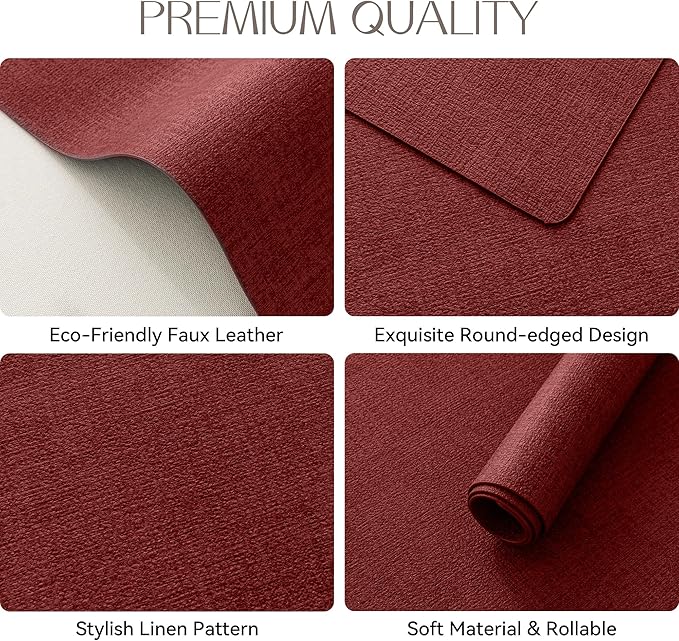 Romanstile Vinyl Placemats Set of 6-12 X 17 Inch - Heat Resistant Place Mats 100% Waterproof Oilproof Wipeable Reversible Faux Leather Table Mats for Kitchen, Dining, Party, Outdoor, Red