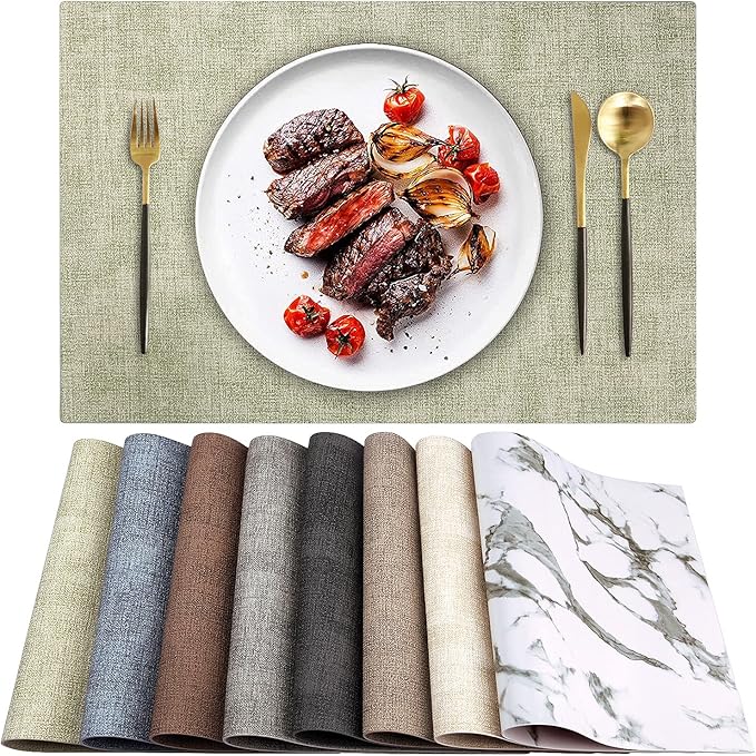 LANDVIEW Leather Heat Resistant Placemats Set of 6 Waterproof Wipeable Washable PU Table Mats,Easy to Clean Anti-Slip Place Mats (Light Green, 6)
