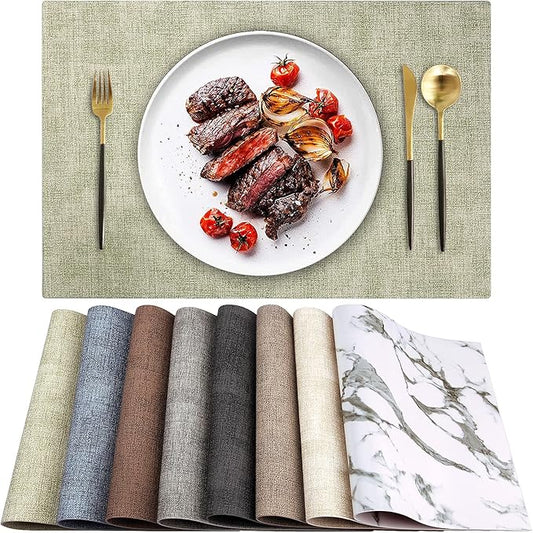 LANDVIEW Leather Heat Resistant Placemats Set of 6 Waterproof Wipeable Washable PU Table Mats,Easy to Clean Anti-Slip Place Mats (Light Green, 6)