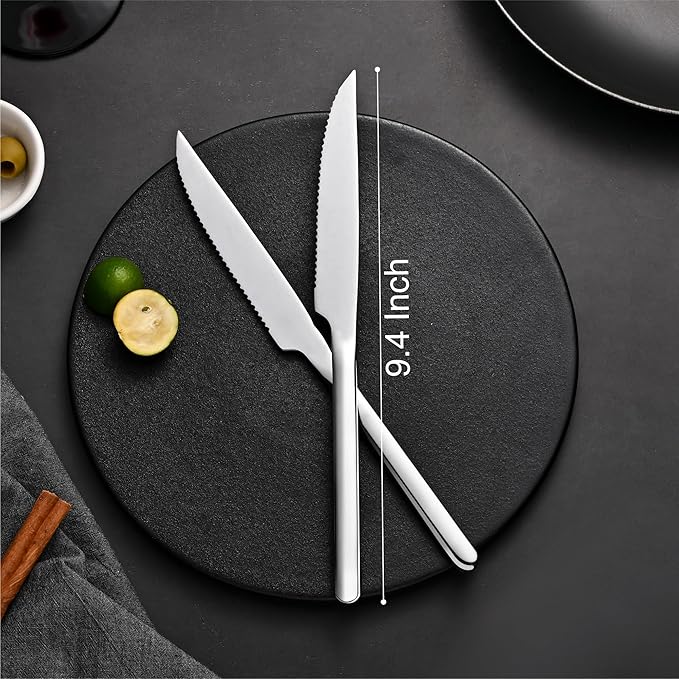 KINGSTONE Sharp Steak Knives, German Stainless Steel Steak Knife Set of 4 with Full-Serrated Blade, 9.4-Inch Sleek Design Table Knives, Mirror Polished