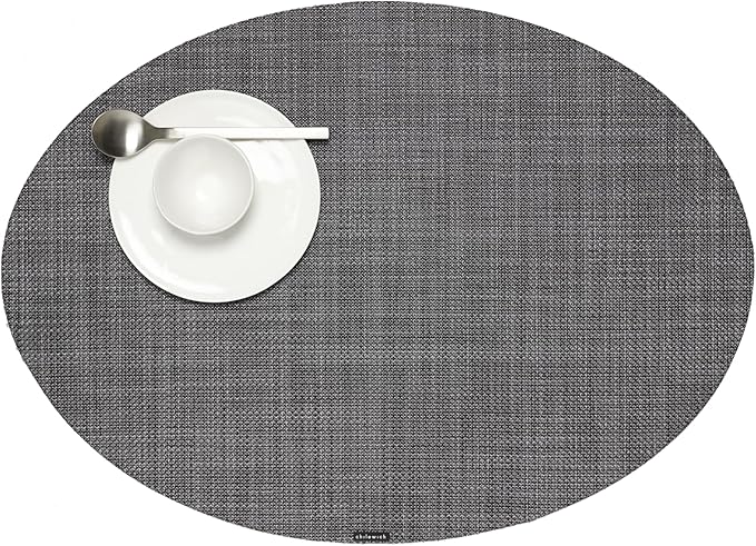 Chilewich Mini Basketweave Placemats in Cool Grey - Set of 4 - Easy Care Woven Tabletop Textiles - Indoor/Outdoor - 19.25" x 14" Oval