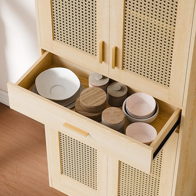 Cozy Castle Kitchen Pantry Cabinet, 71" Tall Rattan Doors Storage Cabinet with Large Drawer and Adjustable Shelves, Freestanding Rattan Pantry Cabinets for Kitchen, Dining Room, Living Room, Oak