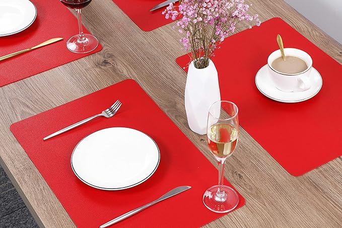 Jovono Wipeable Leather Table Mats, Waterproof Heat-Resistant, Easy to Clean, Set of 6, Red