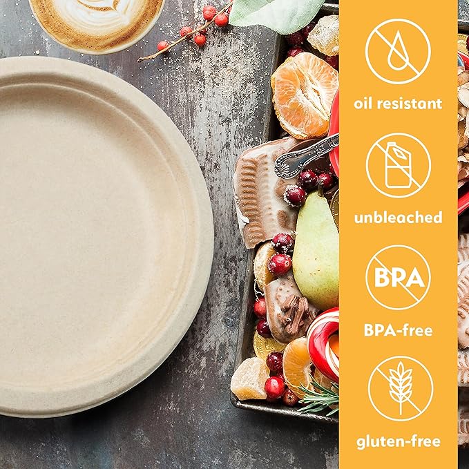 100% Compostable Disposable Paper Plates Bulk [9" 125 Pack], Bamboo Plates, Eco Friendly, Biodegradable, Sturdy Large Dinner Party Plates, Heavy-Duty, Unbleached by Earth's Natural Alternative