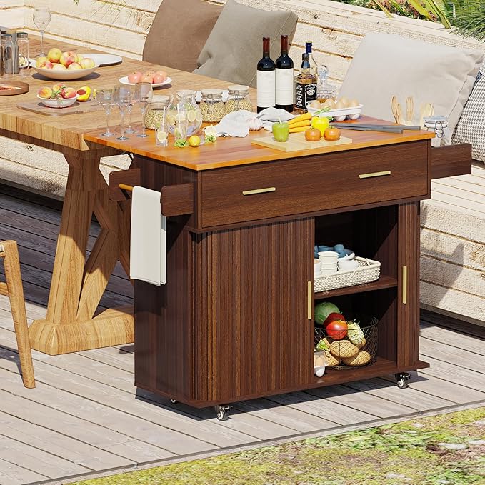 DHH Rolling Kitchen Island with Drop Leaf Countertop&Ample Storage - 39.4" Small Mobile Kitchen Cart On Wheels with Sliding Door,Drawers,Spice Rack & 2-Tier Storage (Walnut)
